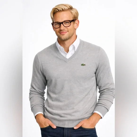 Lacoste Light Gray V-Neck Cotton Sweater Crocodile Logo Classic Preppy Size 5 - Picture 1 of 11